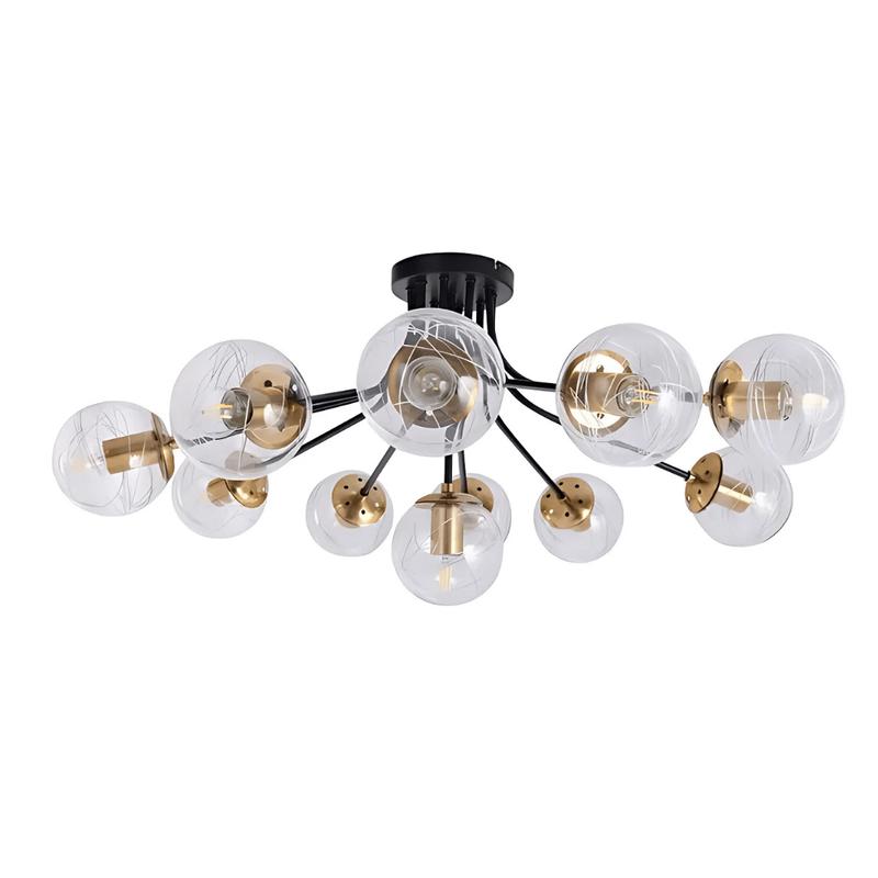 Clear 11 Lamp Globe Glass Black Metal Semi Flush Ceiling Light - 40W