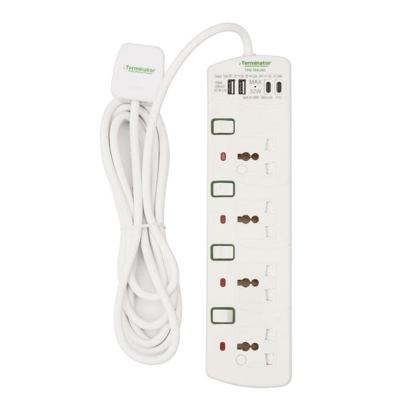 Terminator 4-Way Universal Power Extension Socket with USB - TPB 764UAC-3M